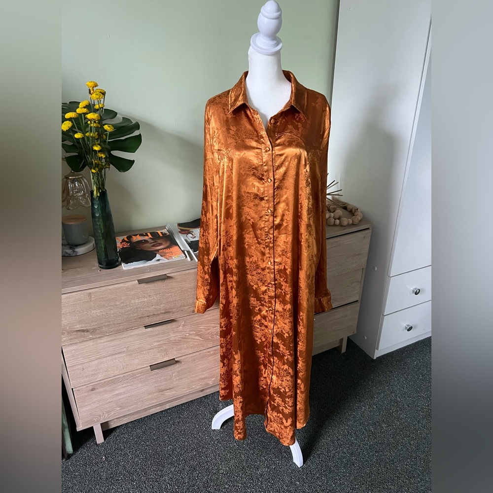 Metallic Copper Orange Floral Modest Long-Sleeve Button Down Shirt Flowy Dress - Picture 4 of 16